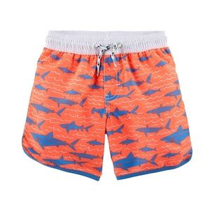 Osh Kosh GUC Sz 4T Kids Shark Print Swim Shorts, Orange, blue, white